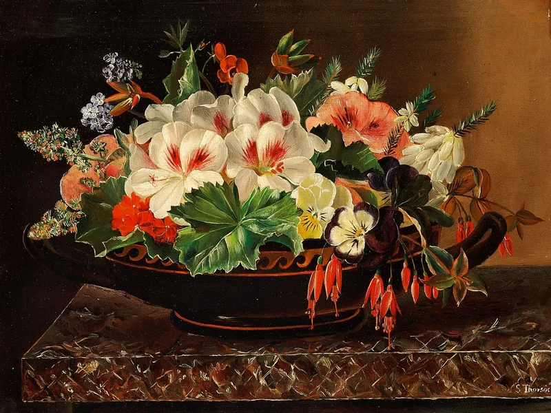 1826-Sophie Madsen - Composizione floreale in una ciotola greca su un davanzale
